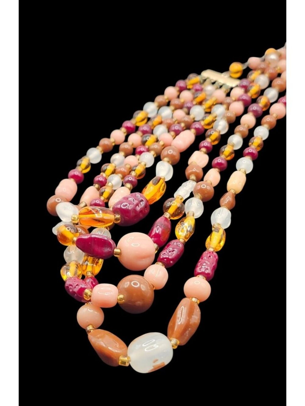 Vintage Multi-Strand Amber Burgundy Cream Beaded Necklace Statement Jewelry - Picture 6 of 9